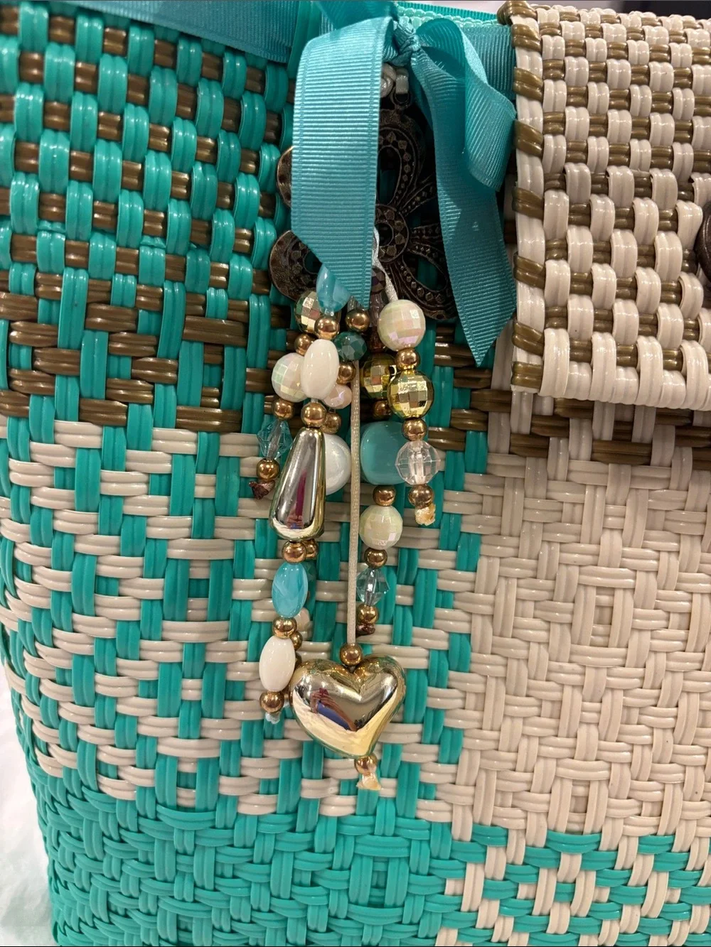 Woven Straw Tote Bag in Turquoise, Cream & Brown - Picture 2 of 6